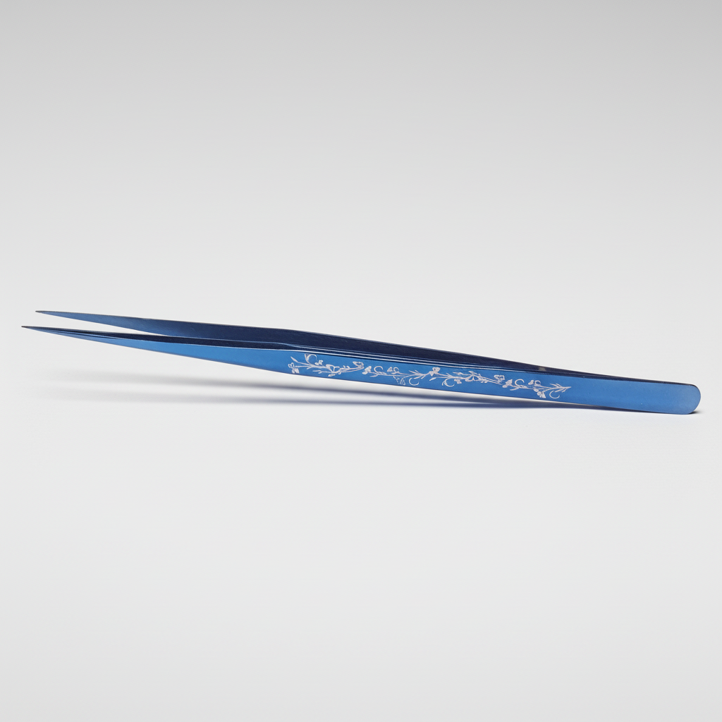 Navy Vine Blossom straight isolation tweezer – I shape blue floral design for lash extensions