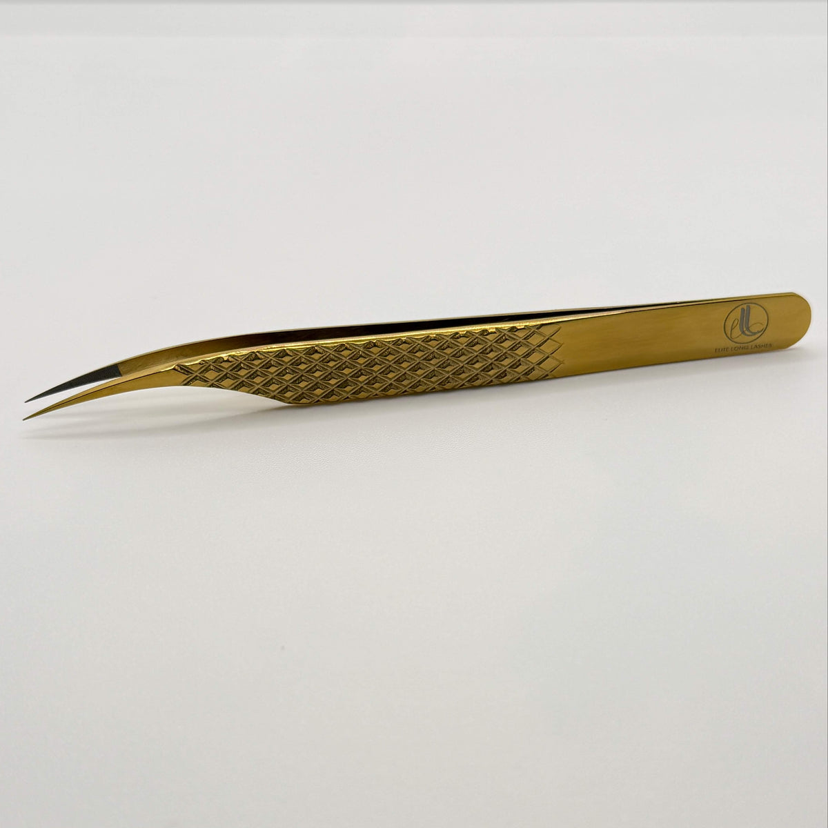 Golden Dolphin J-shape isolation tweezer – angled view on white