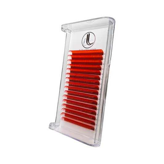 A tray of individual eyelash extensions, 16 rows. The eyelashes are candy red color.