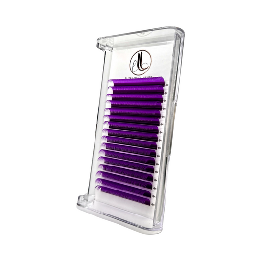 A tray of purple eyelash extensions. 16 lines of individual lashes.