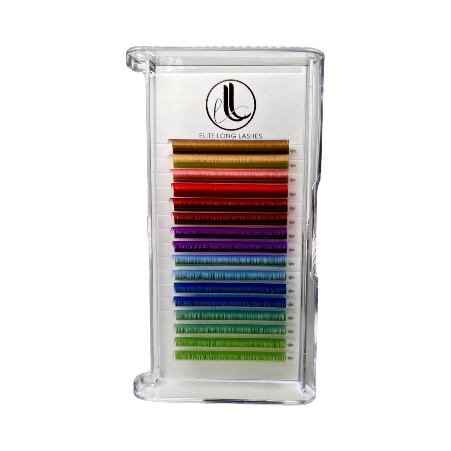 A tray of individual eyelash extensions, 16 lines. They are multicolor, or rainbow color. A different color in each row.