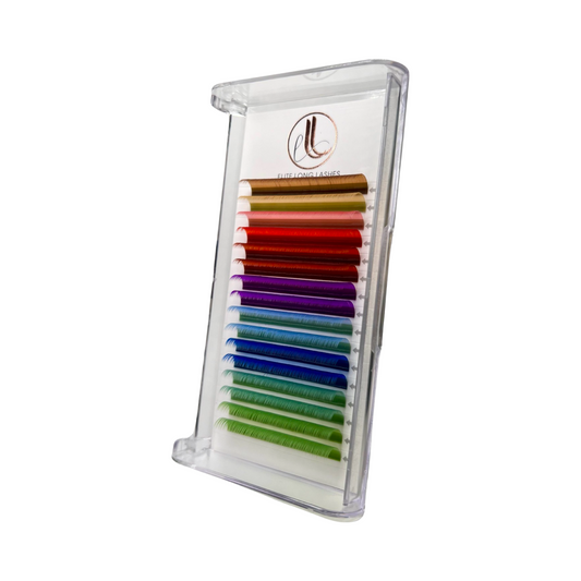 A tray of individual eyelash extensions, 16 lines. They are multicolor, or rainbow color. A different color in each row.