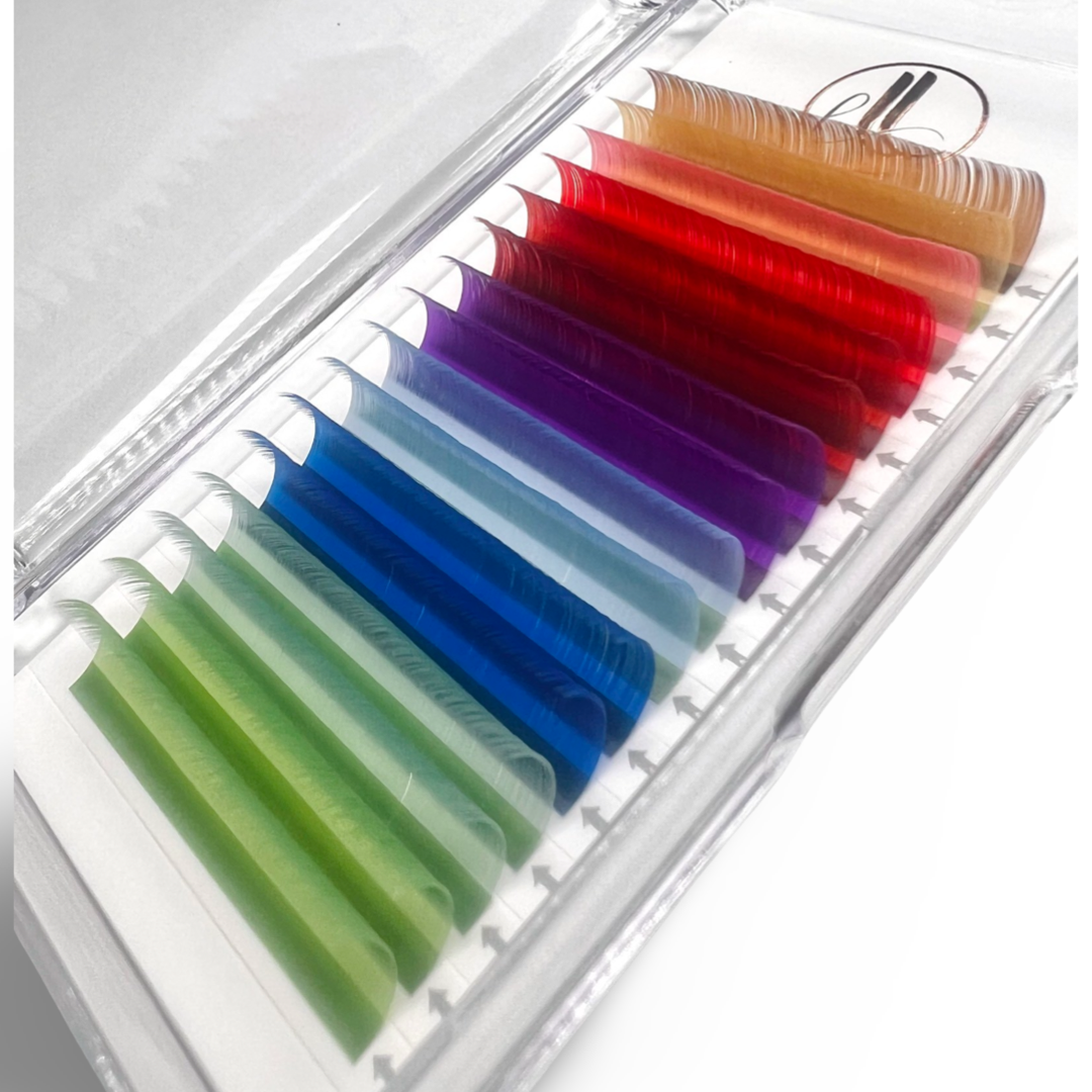 A tray of individual eyelash extensions, 16 lines. They are multicolor, or rainbow color. A different color in each row.