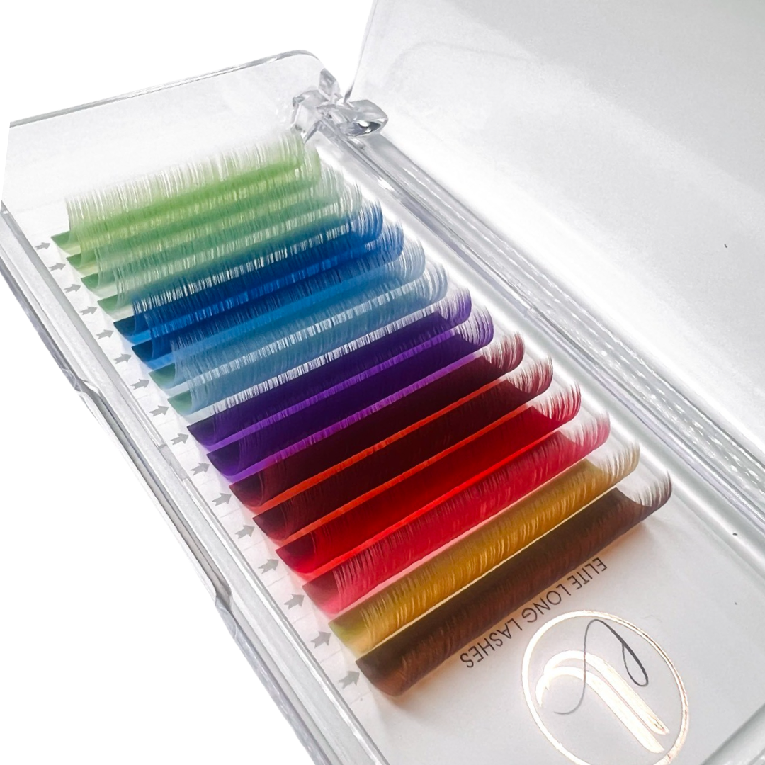 A tray of individual eyelash extensions, 16 lines. They are multicolor, or rainbow color. A different color in each row.