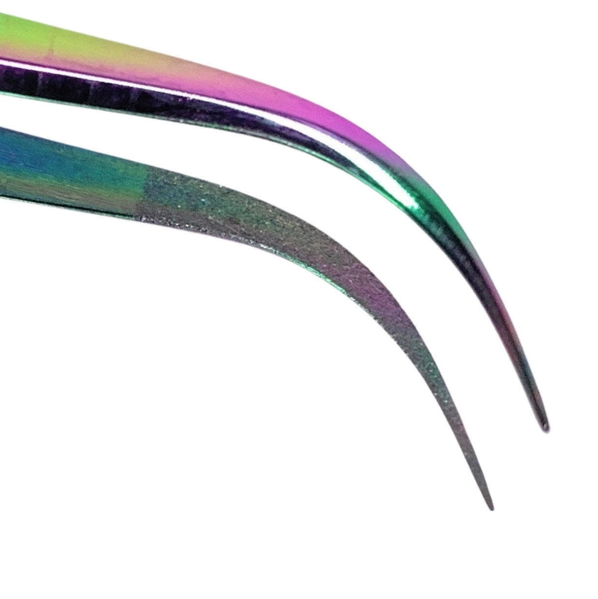 The tip of multicolor stainless steel tweezer for individual eyelash extensions.