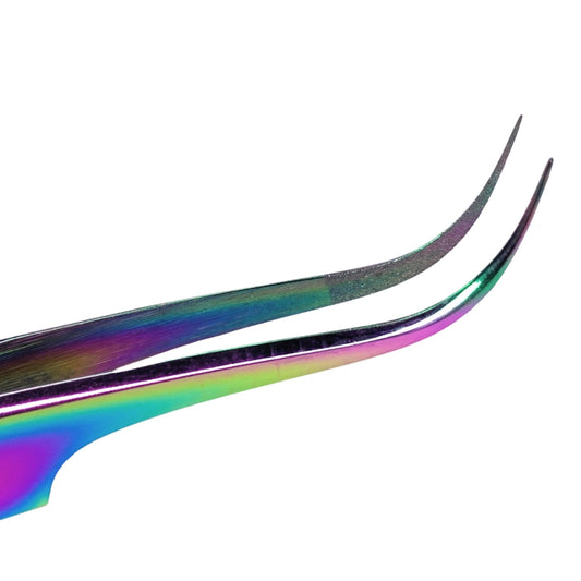 The tip of multicolor stainless steel tweezer for individual eyelash extensions.