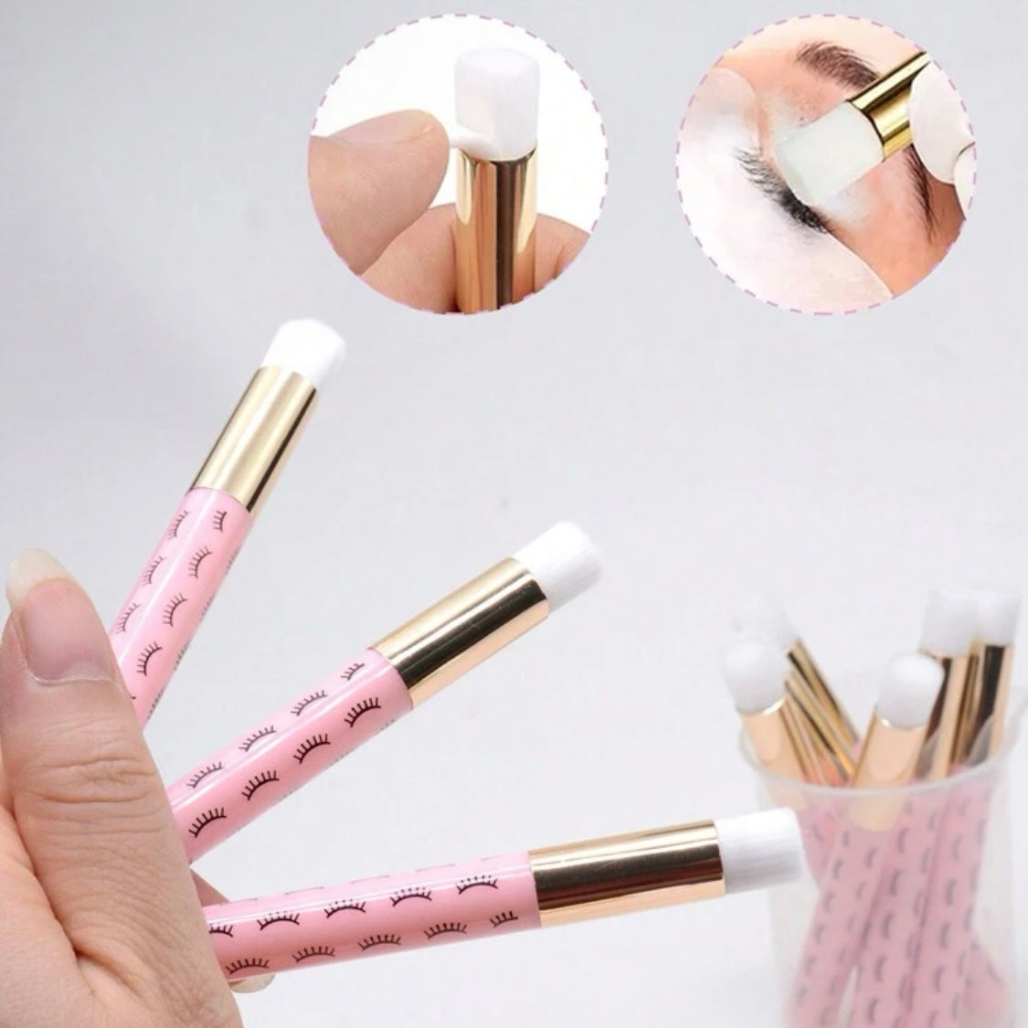 Pink eyelash extension shampoo brush – handle detail view