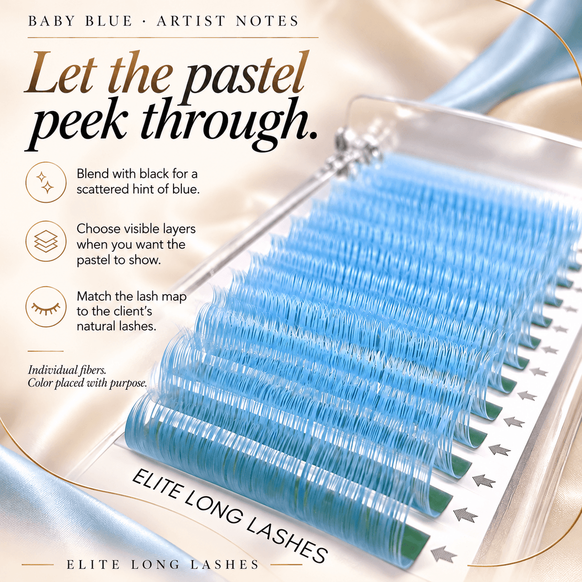 Close-up of baby blue individual lash fibers with tips for blending with black, visible color layers and tailored lash mapping.