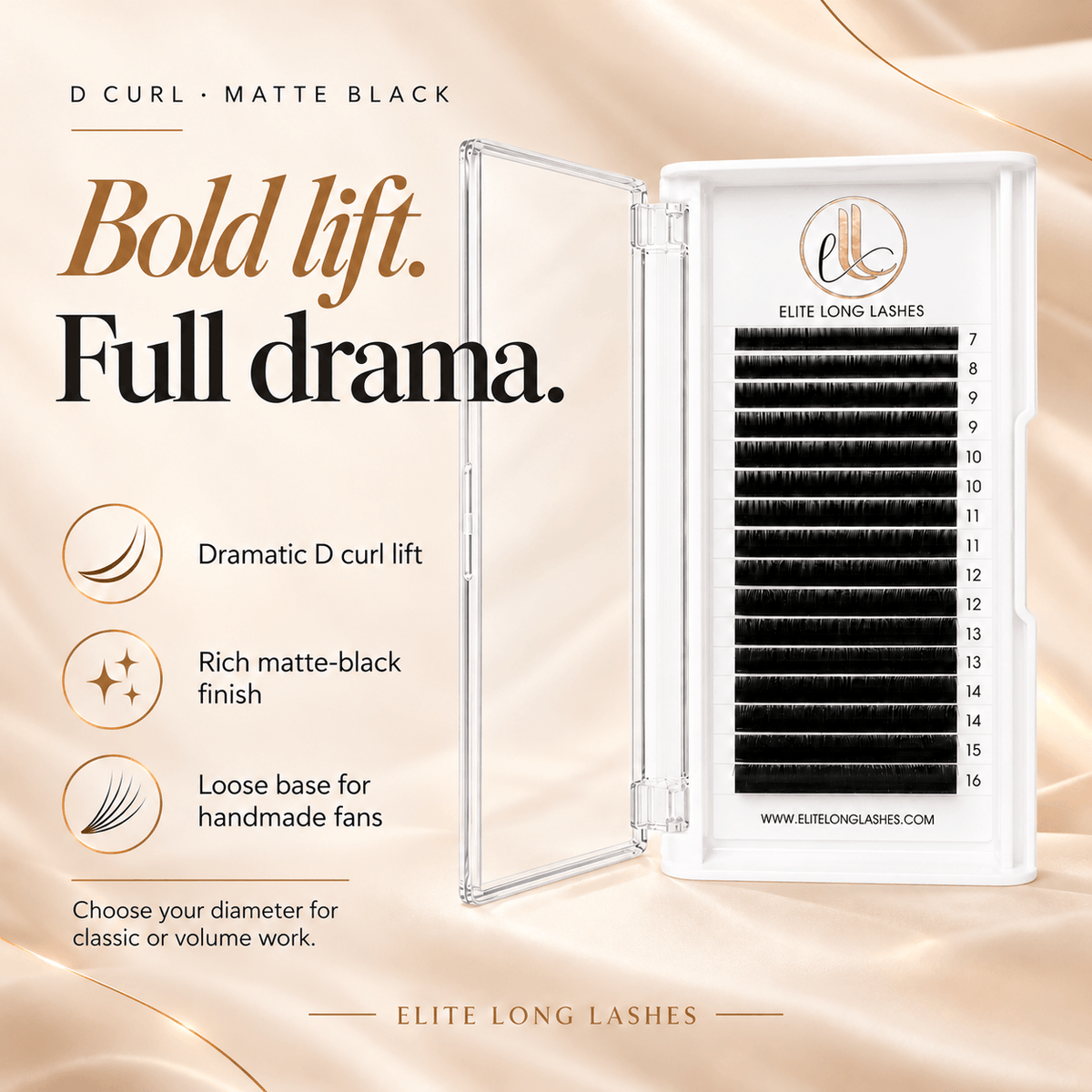 D Curl matte black cashmere lash extensions with dramatic lift and a loose base for handmade fans