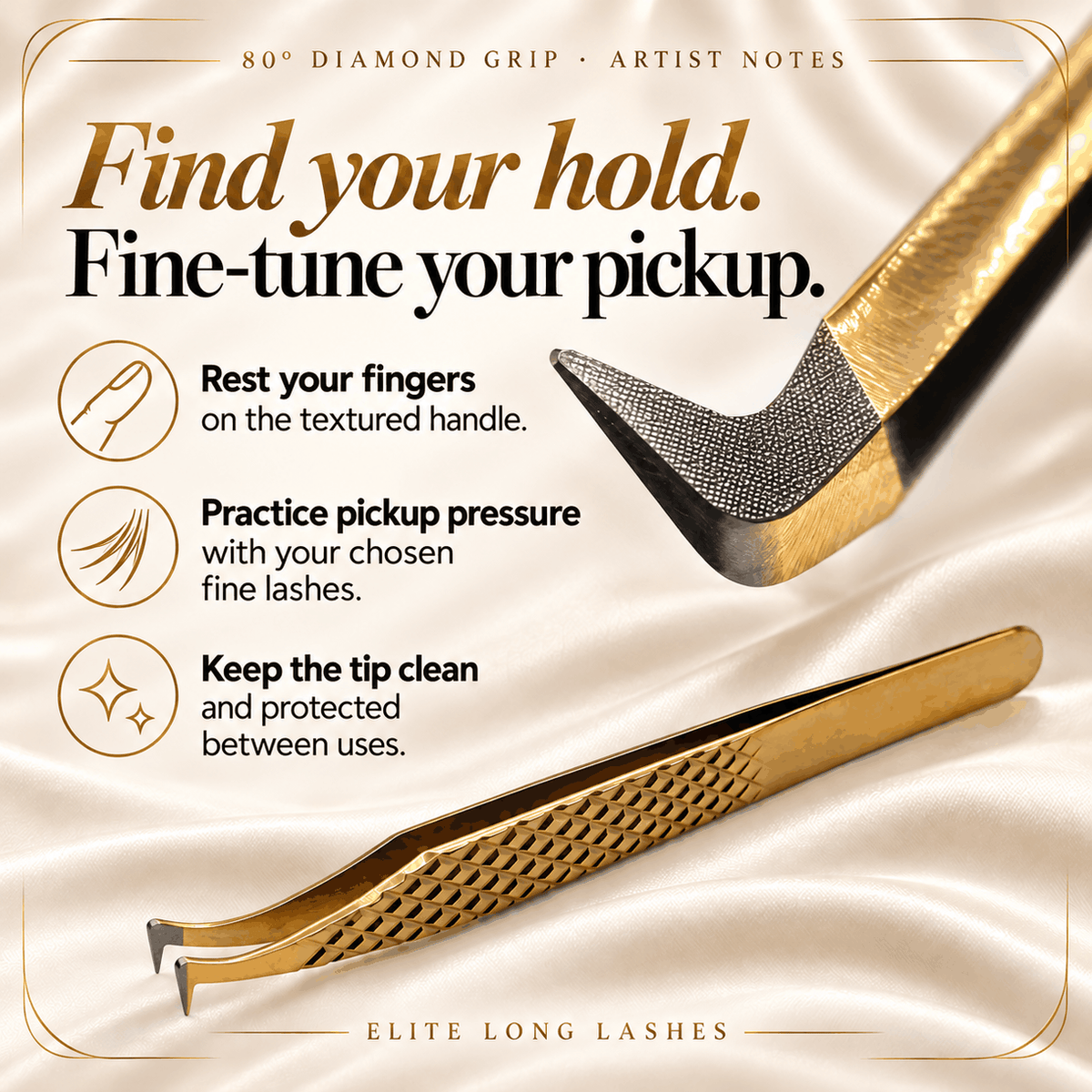 80° Diamond Grip lash tweezer artist tips: finger position, pickup pressure with fine lashes and protecting the tip between uses.