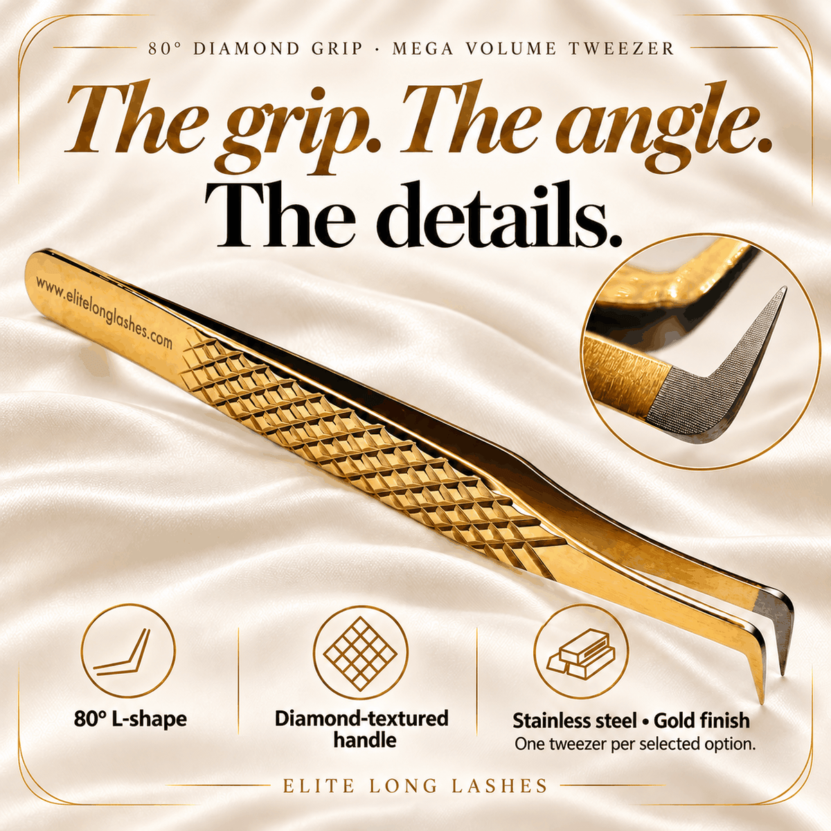 80° Diamond Grip L-shape mega volume tweezer in gold: diamond-textured handle, stainless steel and tip close-up.