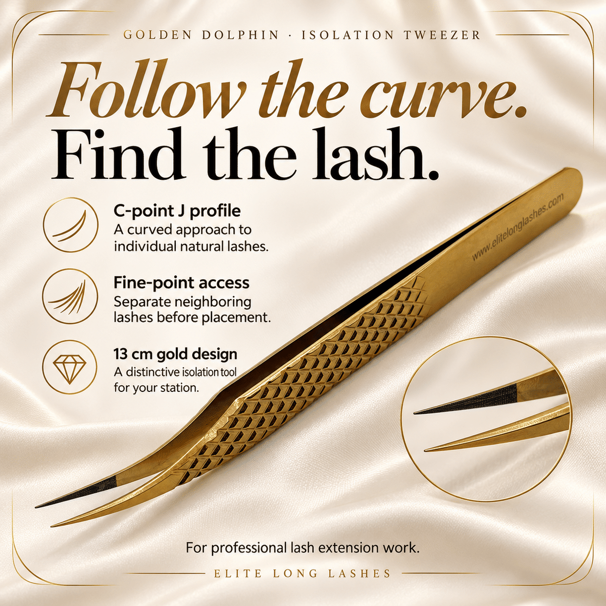 Golden Dolphin J-Shape Isolation Lash Tweezer benefits graphic showing its J-shape profile, 13 cm length and gold finish.