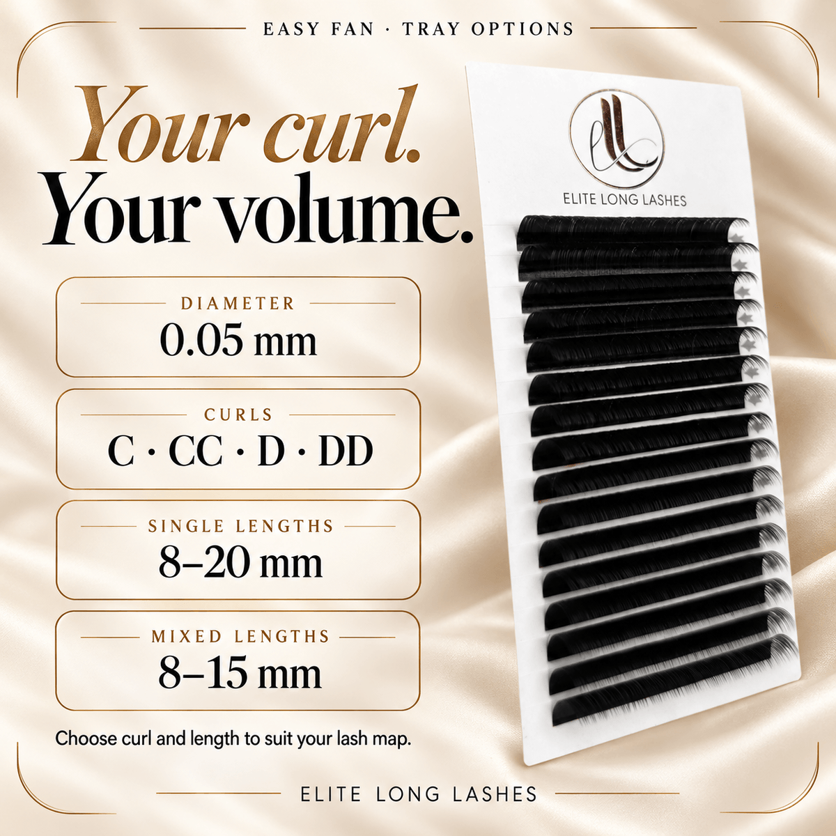 Easy Fan 0.05 mm lash tray options: C, CC, D and DD curls, single lengths 8–20 mm and mixed lengths 8–15 mm
