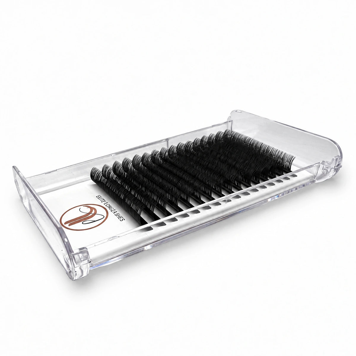 Elite Long Lashes Easy Fan 0.05 mm matte black lash extensions in a clear tray, photographed at an angle on a soft white background.