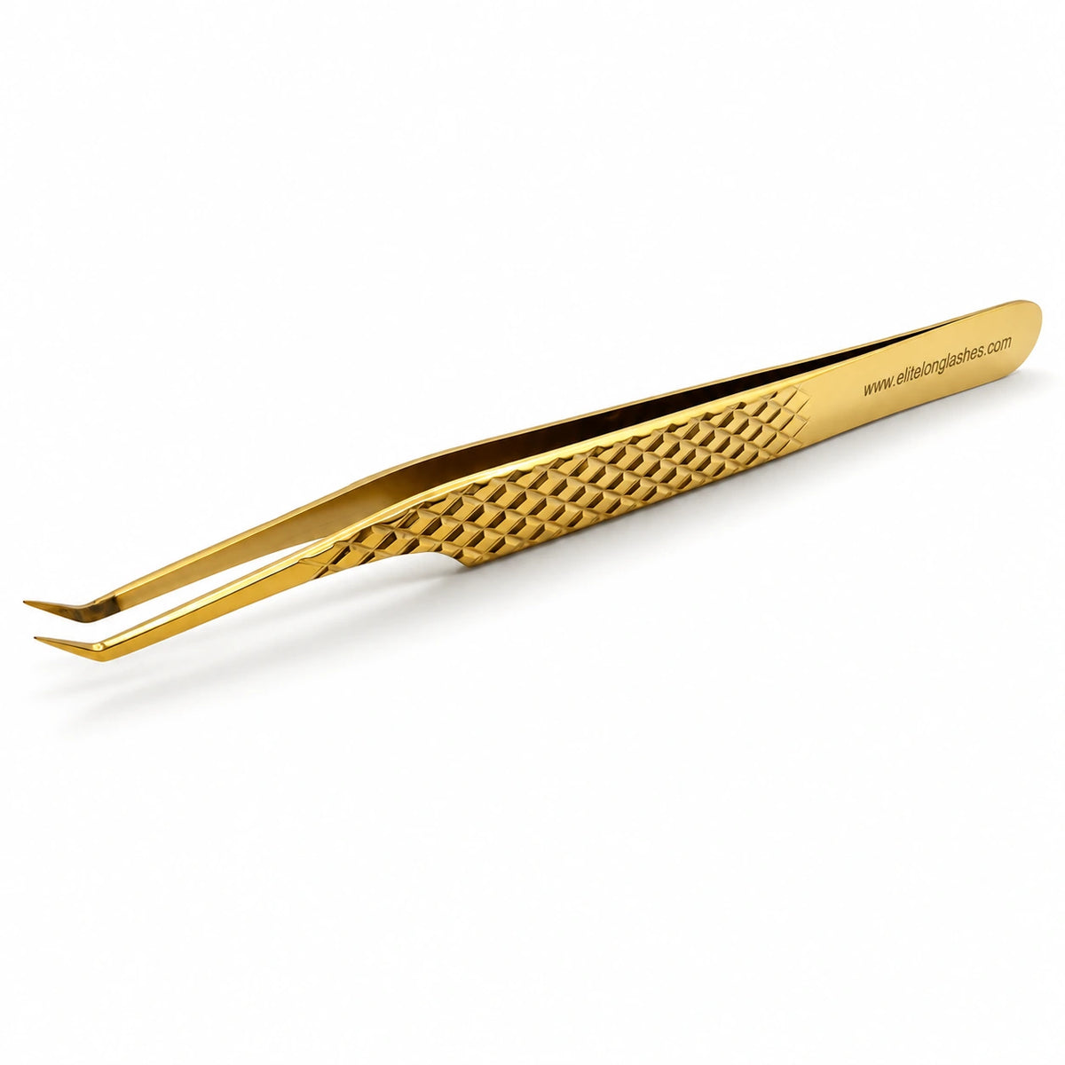 Elite Long Lashes Gold Precision Picker S-shape isolation lash tweezer with a textured diamond grip on a soft white background.