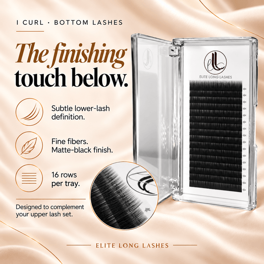 I Curl matte black bottom lash extensions with fine fibers, subtle lower-lash definition, and 16 rows per tray