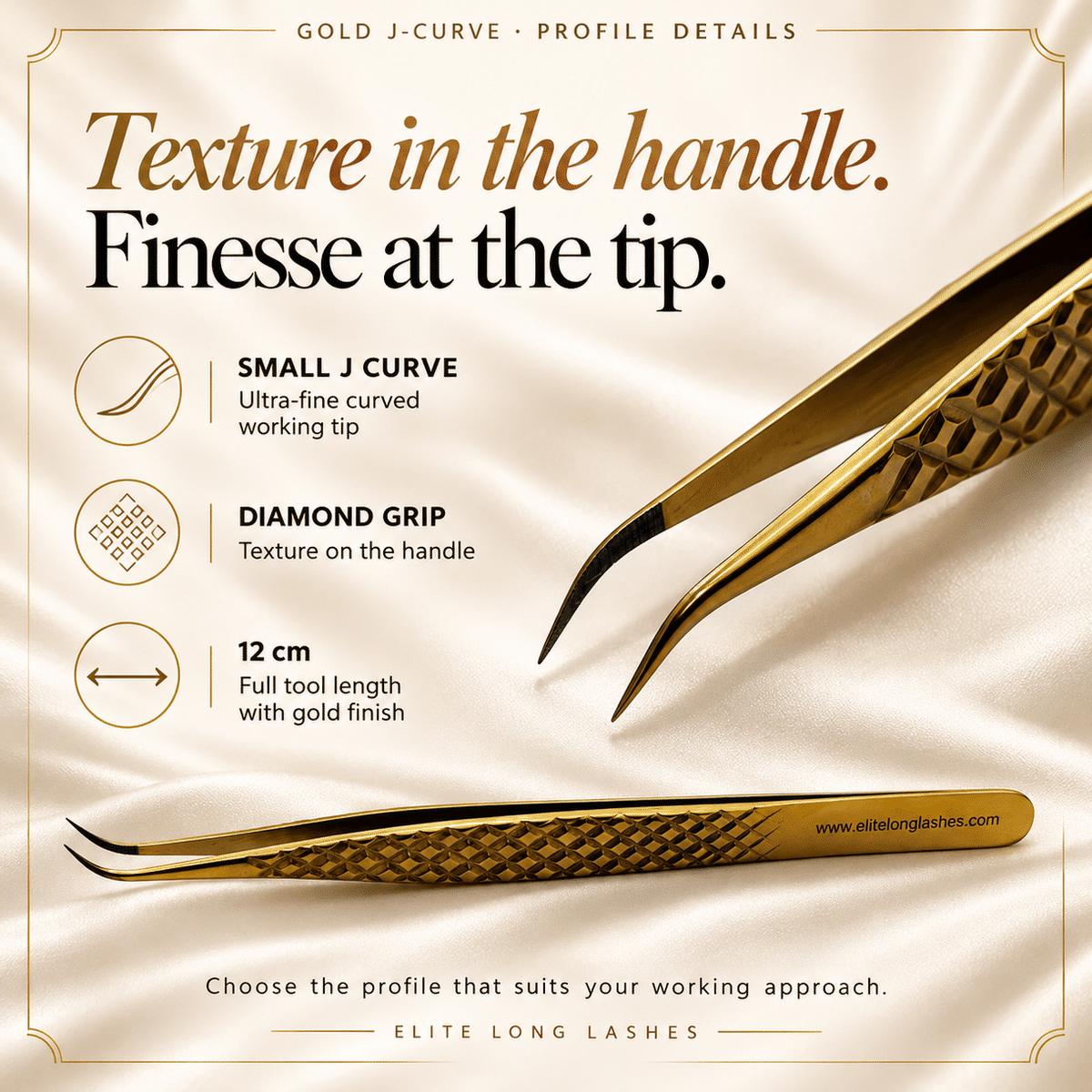 Gold J-Curve Isolation Lash Tweezer profile details with an actual tip close-up and confirmed specifications.