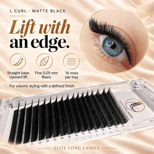L Curl matte black lash extensions with a straight base and upward lift, 0.05 mm fibers, and 16 rows per tray
