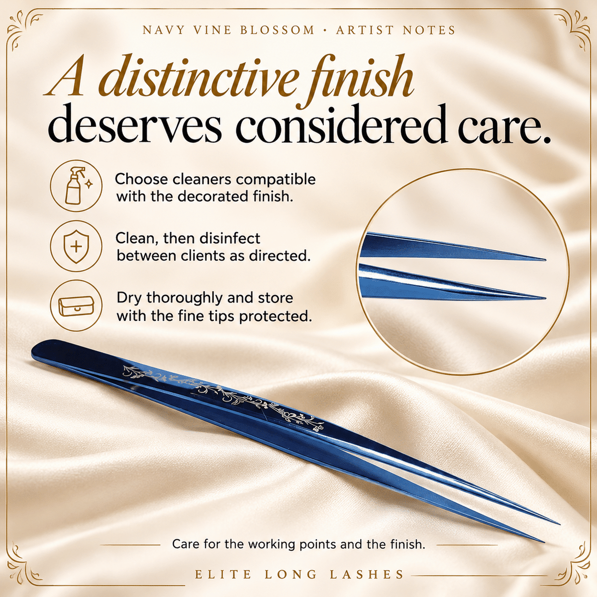 Navy Vine Blossom I-Shape Isolation Lash Tweezer artist tips for finish-compatible cleaning, disinfection and tip protection.