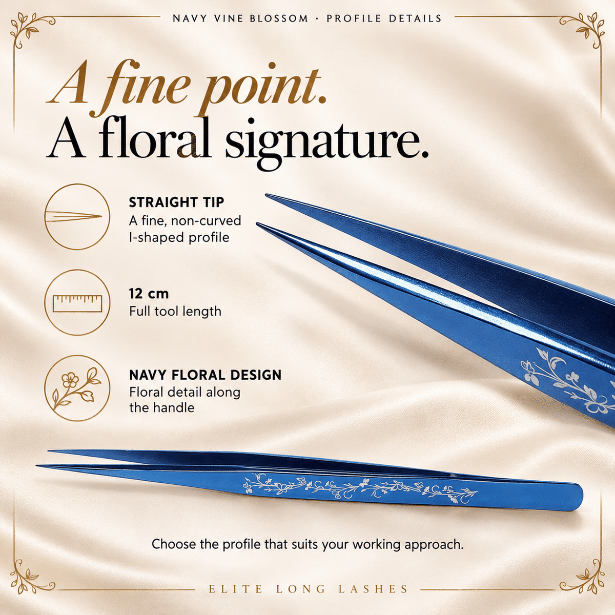 Navy Vine Blossom I-Shape Isolation Lash Tweezer profile details with an actual tip close-up and confirmed specifications.