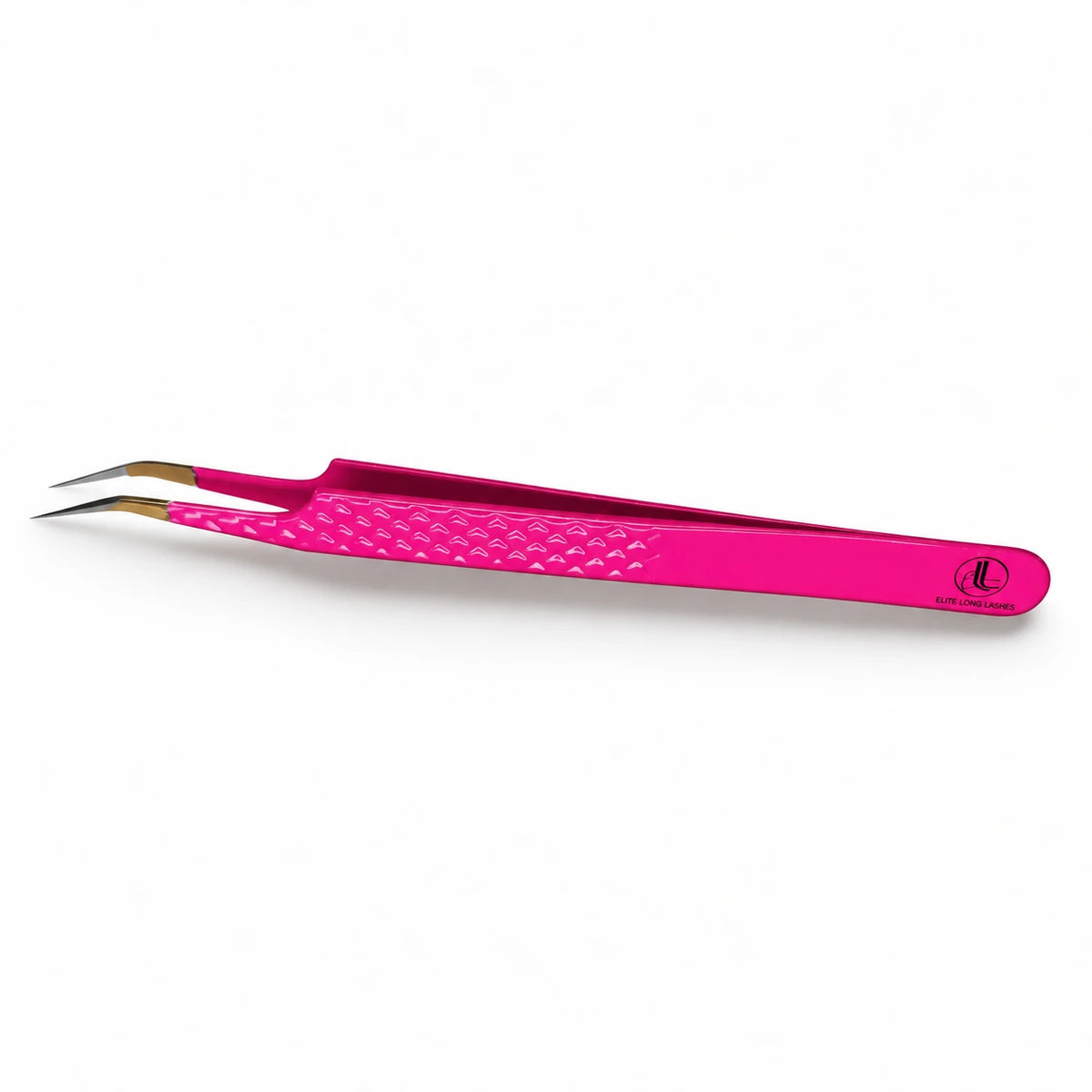 Elite Long Lashes Pretty Pink 13cm J-shape isolation lash tweezer with a textured pink handle and fine metal tips on a soft white background.