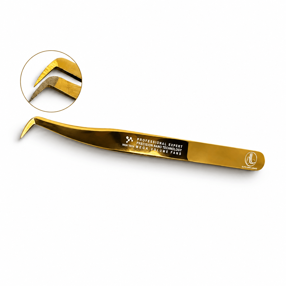 Gold Grab-N-Go L-shape nano tip mega volume lash tweezer on a soft white background, with magnified tip detail.