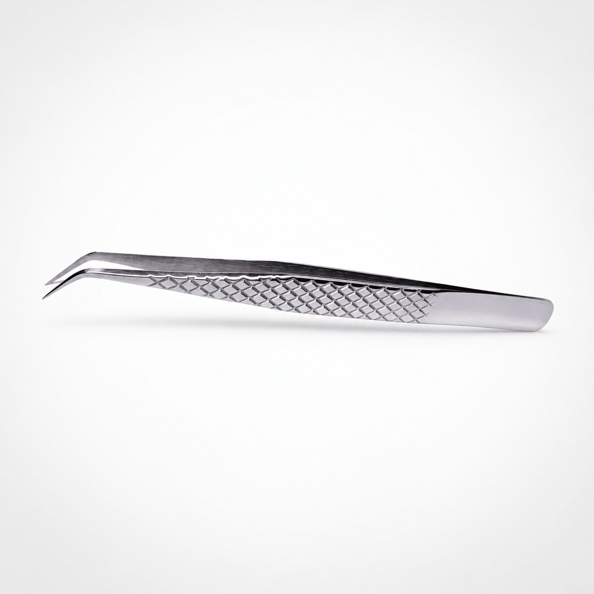 Silver Polish Diamond 45-degree L-Shape Classic Lash Tweezer with diamond-pattern grip on a soft white background.