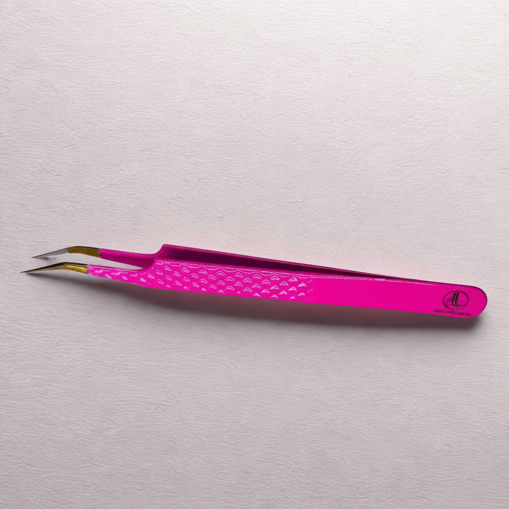 Pretty Pink J-shape isolation tweezer for eyelash extensions on gray background