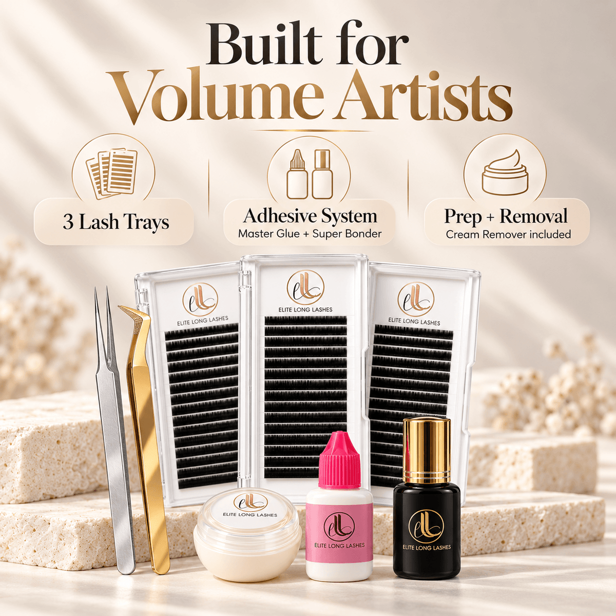 Volume lash kit featuring isolation and volume tweezers with professional lash supplies