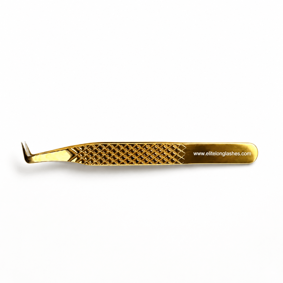 Gold 80° Diamond Grip Mega Volume Lash Tweezer with L-shaped tip on a soft white background
