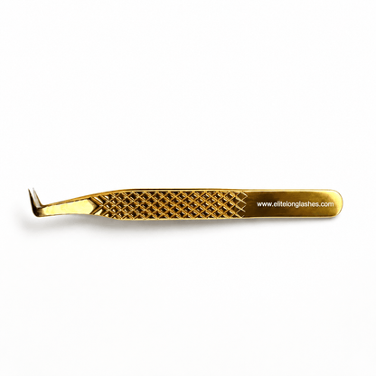 Gold 80° Diamond Grip Mega Volume Lash Tweezer with L-shaped tip on a soft white background
