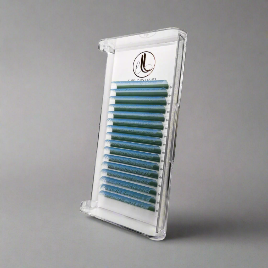 A tray of baby blue cashmere eyelash extensions arranged in rows on a white background, packaged in a clear plastic case with a logo at the top with a gray background