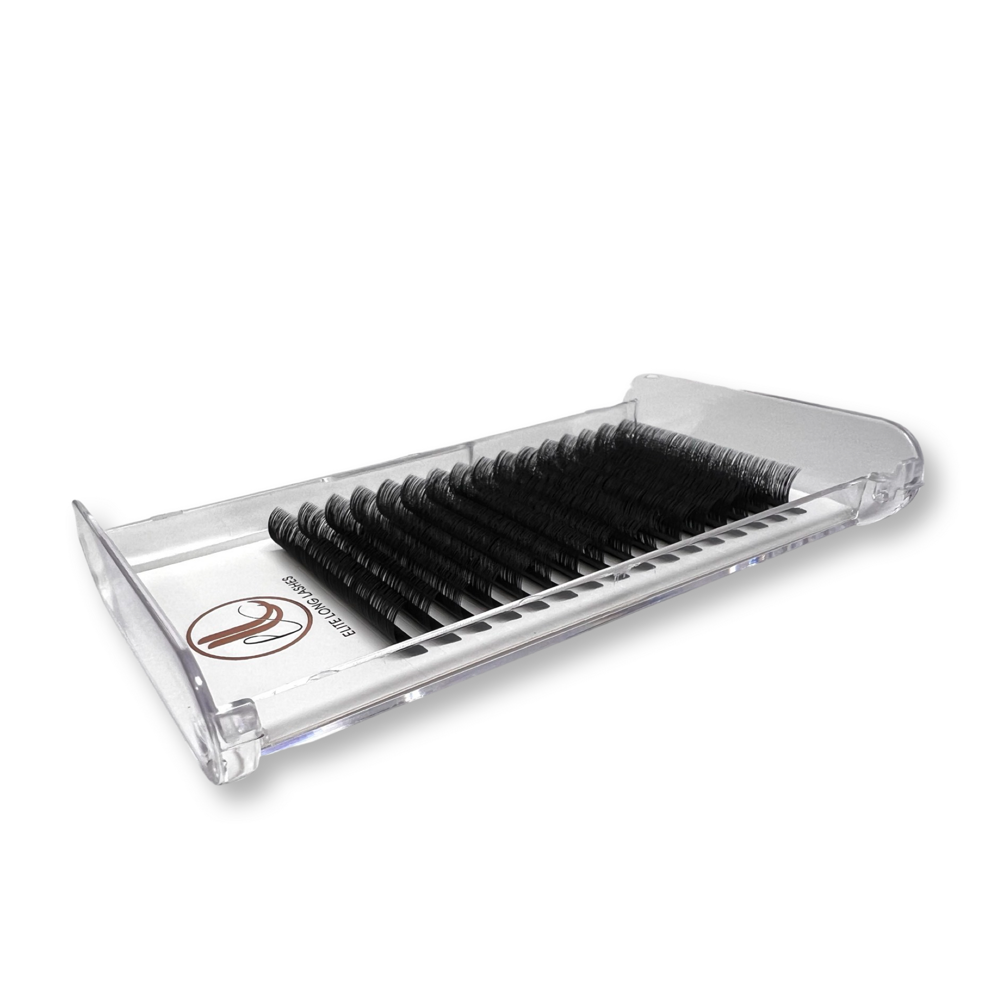 A tray of black, matte mink easy fan eyelash extensions. 16 lash lines per tray.