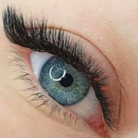 Close-up of a blue eye with l curl eyelashes