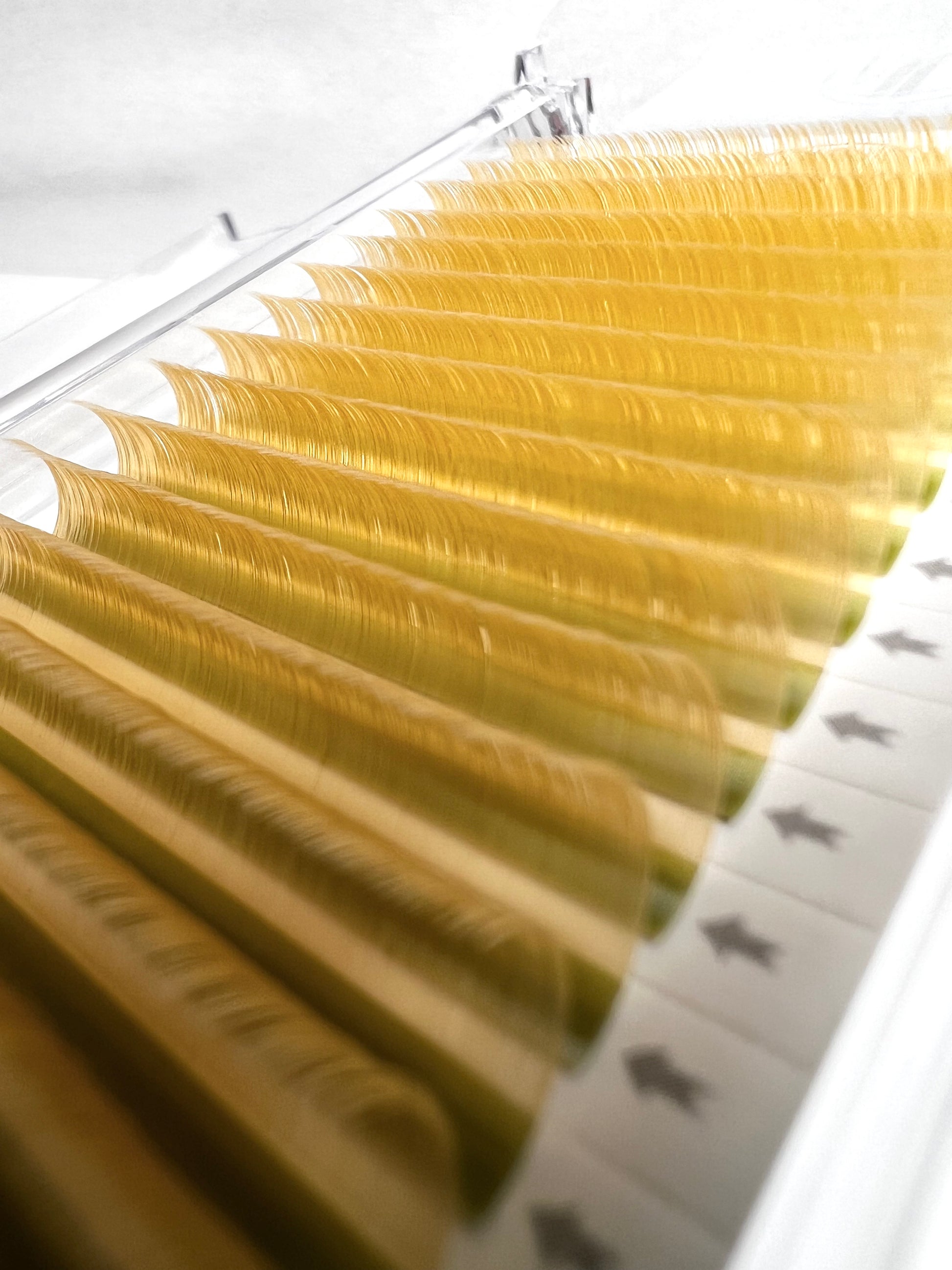 A tray of yellow, matte mink eyelash extensions. 16 lash lines per tray.