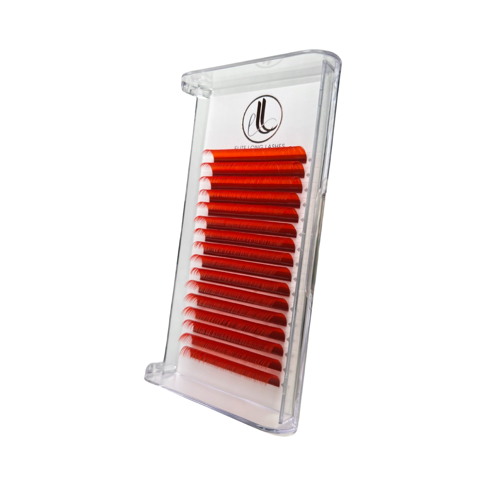 A tray of individual eyelash extensions, 16 rows. The eyelashes are candy red color. 