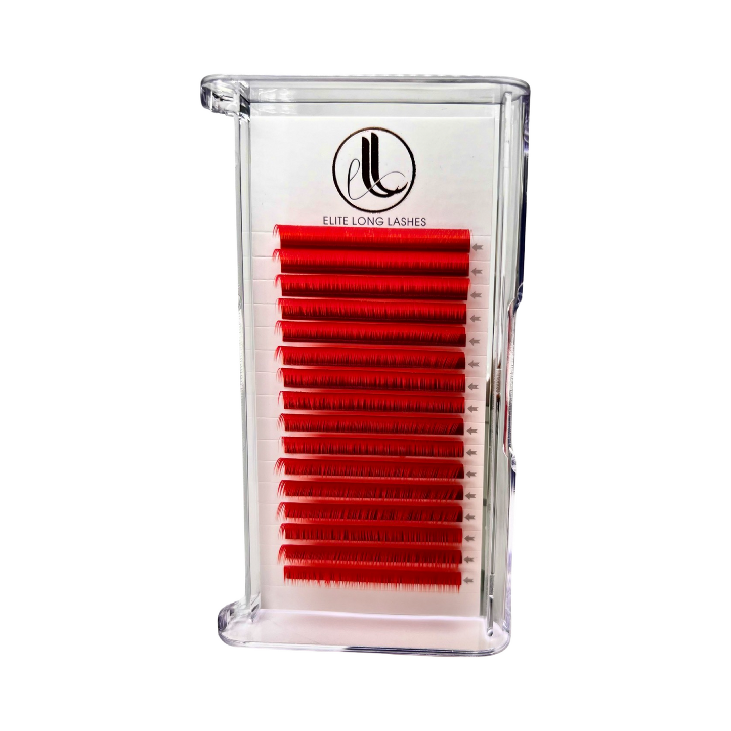 A tray of individual eyelash extensions, 16 rows. The eyelashes are candy red color. 