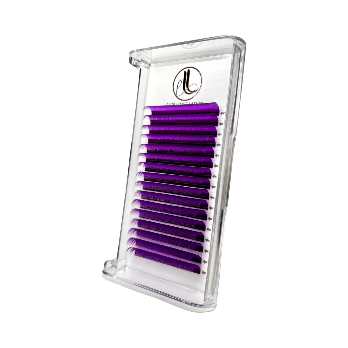 A tray of purple eyelash extensions. 16 lines of individual lashes. 