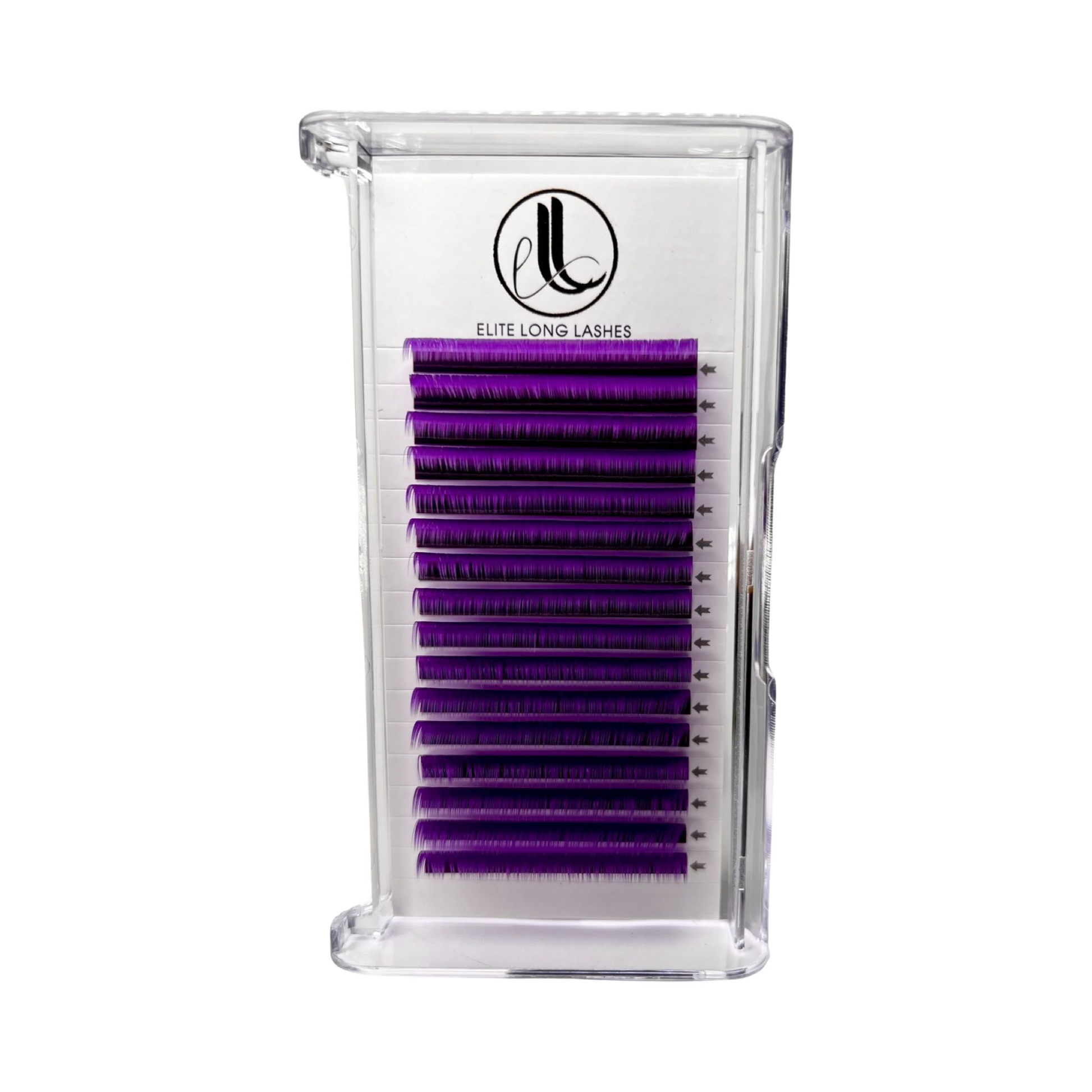 A tray of purple eyelash extensions. 16 lines of individual lashes. 