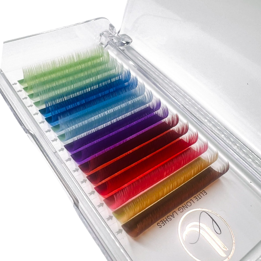 A tray of individual eyelash extensions, 16 lines. They are multicolor, or rainbow color. A different color in each row. 