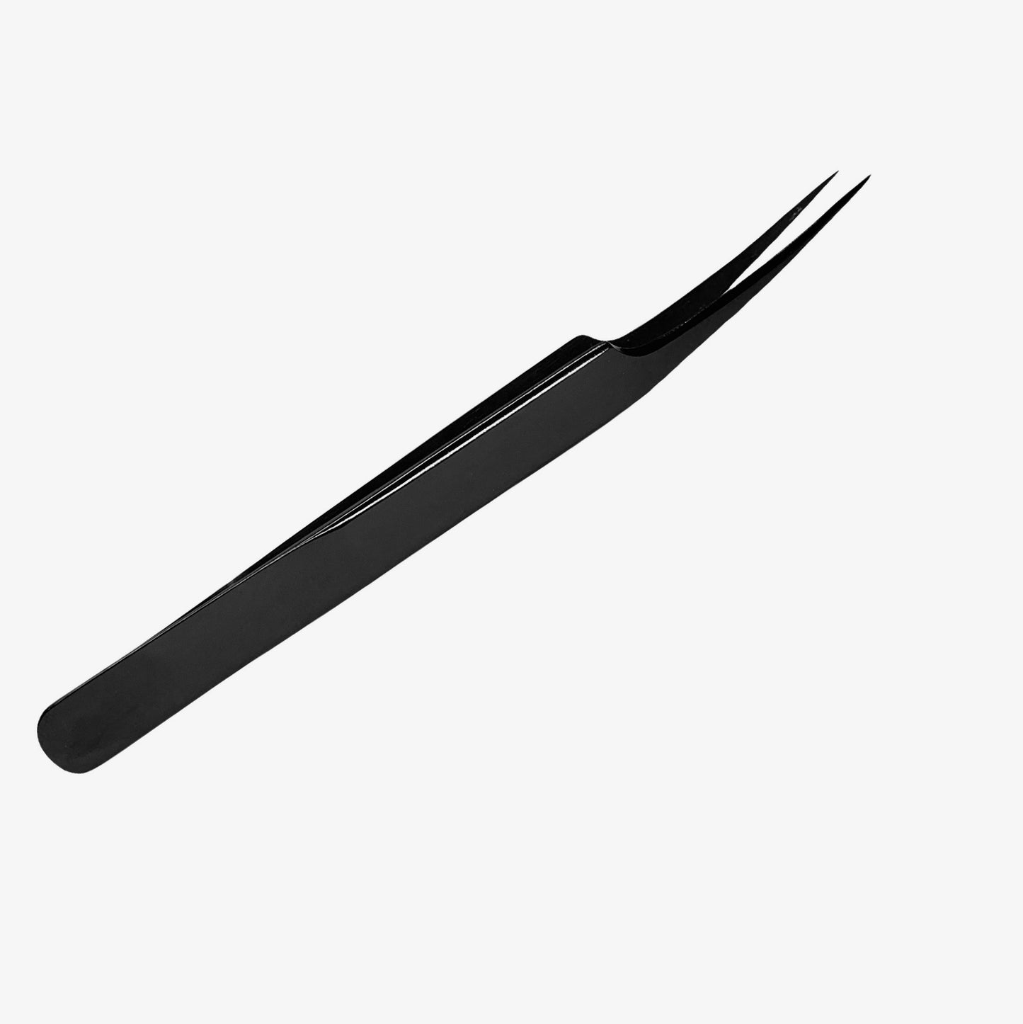 Black stainless steel isolation tweezer for individual eyelash extensions.