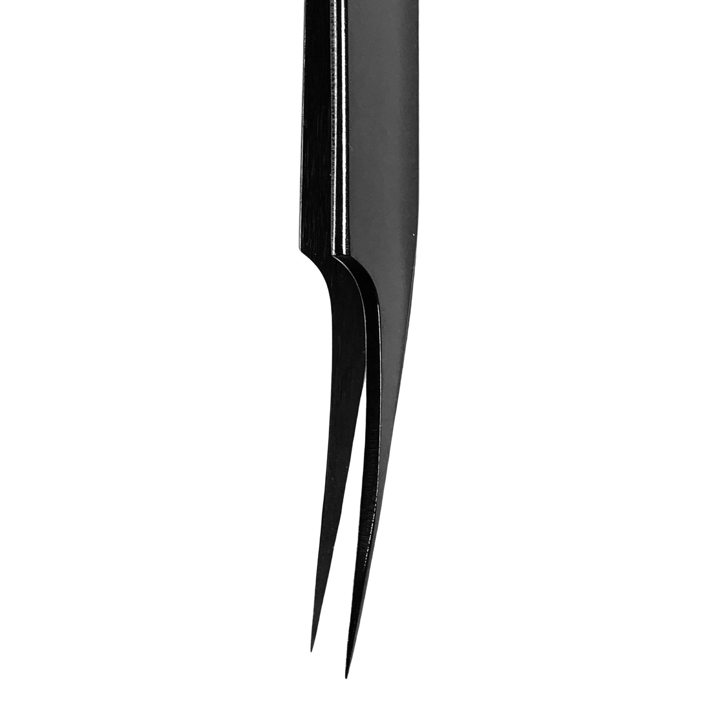 Black stainless steel isolation tweezer for individual eyelash extensions.