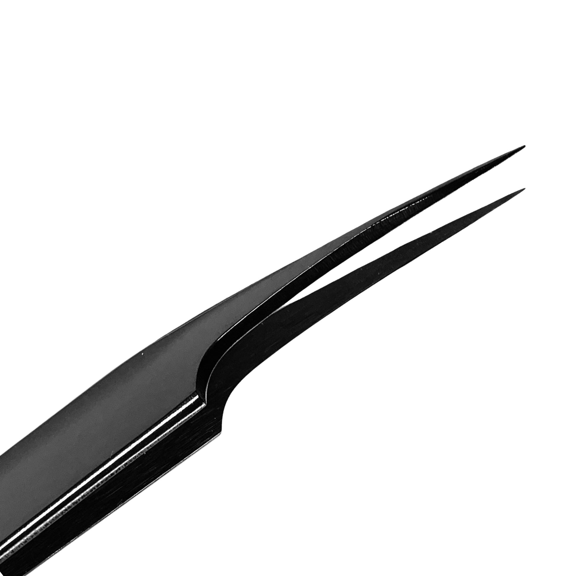 Black stainless steel isolation tweezer for individual eyelash extensions.