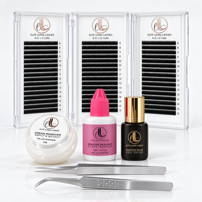 Classic Lash Essentials Kit with three 0.15mm mixed lash trays, Master Glue, Super Bonder, cream remover and precision tweezers