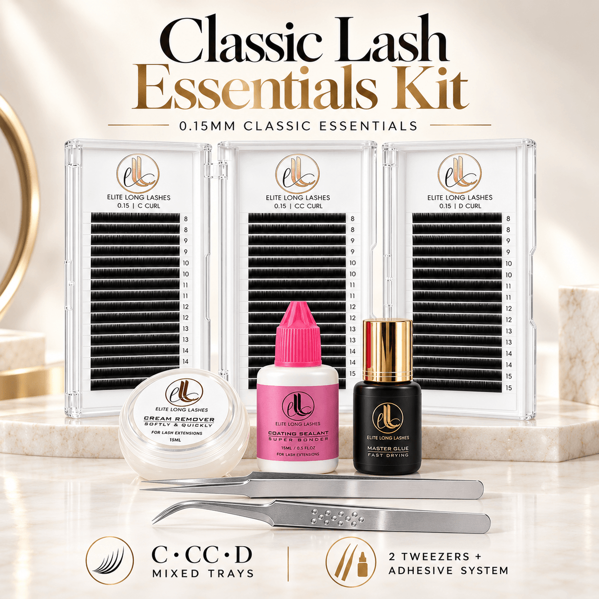 Professional classic lash kit with C, CC and D mixed trays, classic tweezer and isolation tweezer