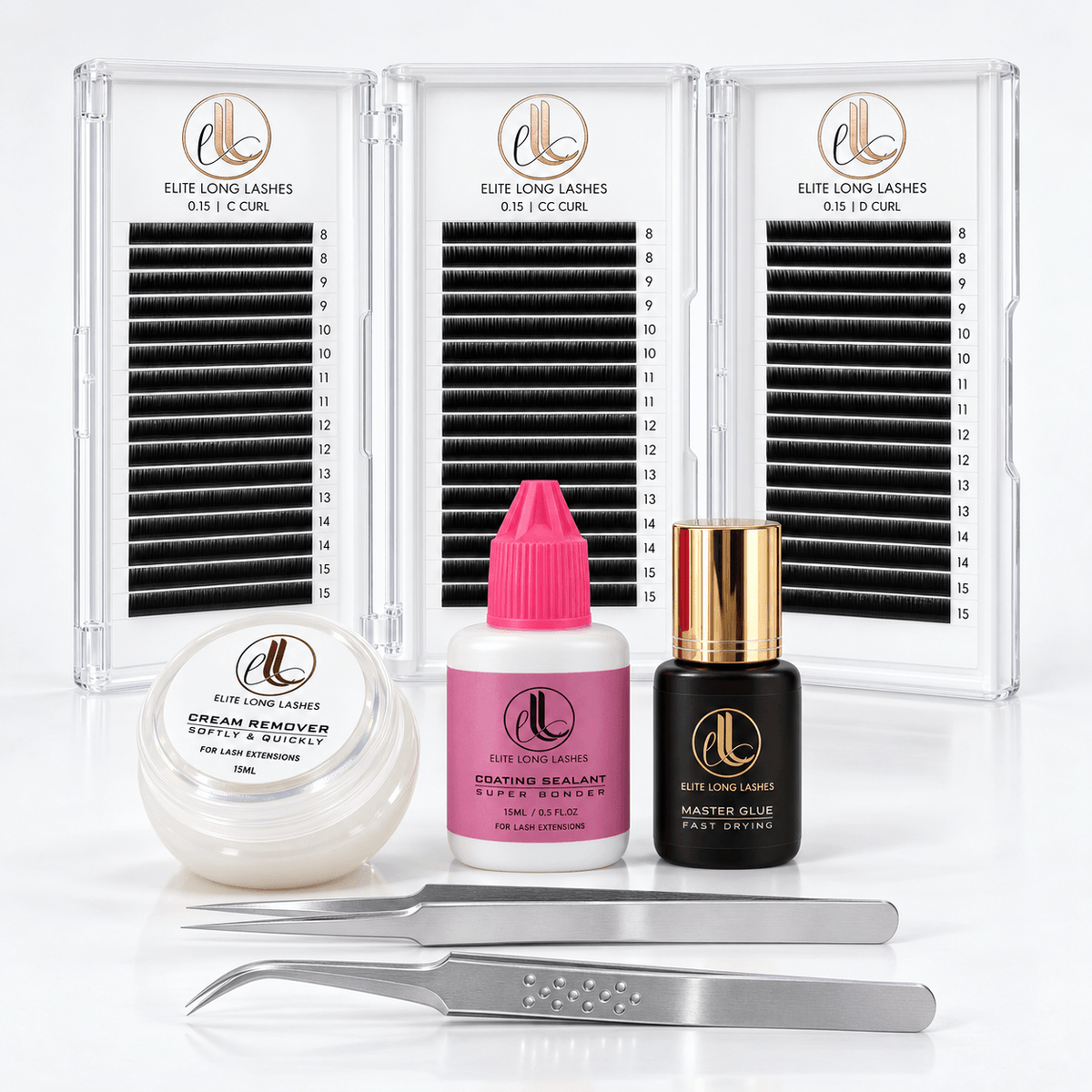 Classic Lash Essentials Kit with three 0.15mm Cashmere lash trays, Master Glue, Super Bonder, cream remover and precision tweezers