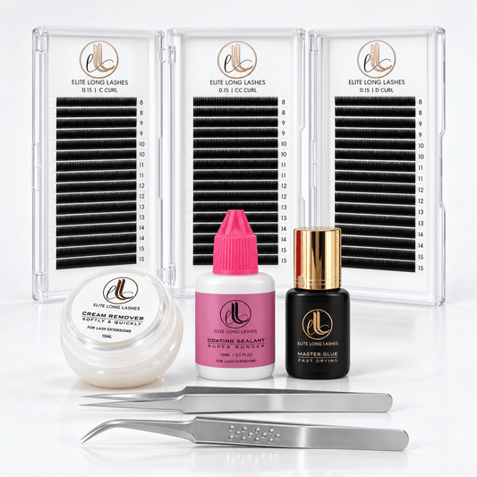 Classic Lash Essentials Kit with three 0.15mm Cashmere lash trays, Master Glue, Super Bonder, cream remover and precision tweezers