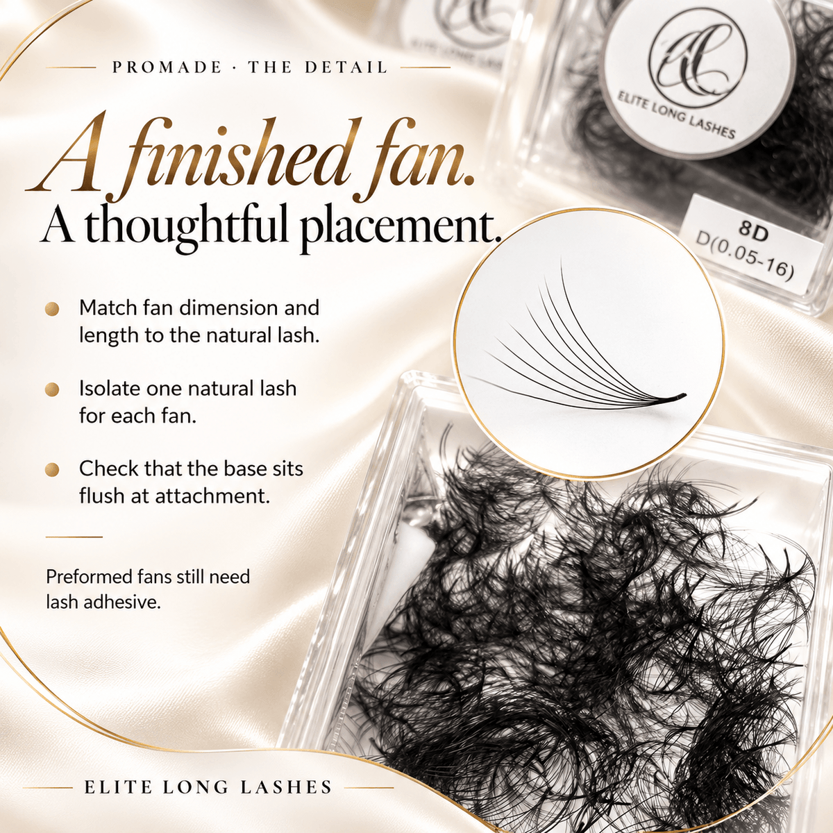 ProMade loose volume fan close-up with guidance on fan selection, natural lash isolation and flush base placement