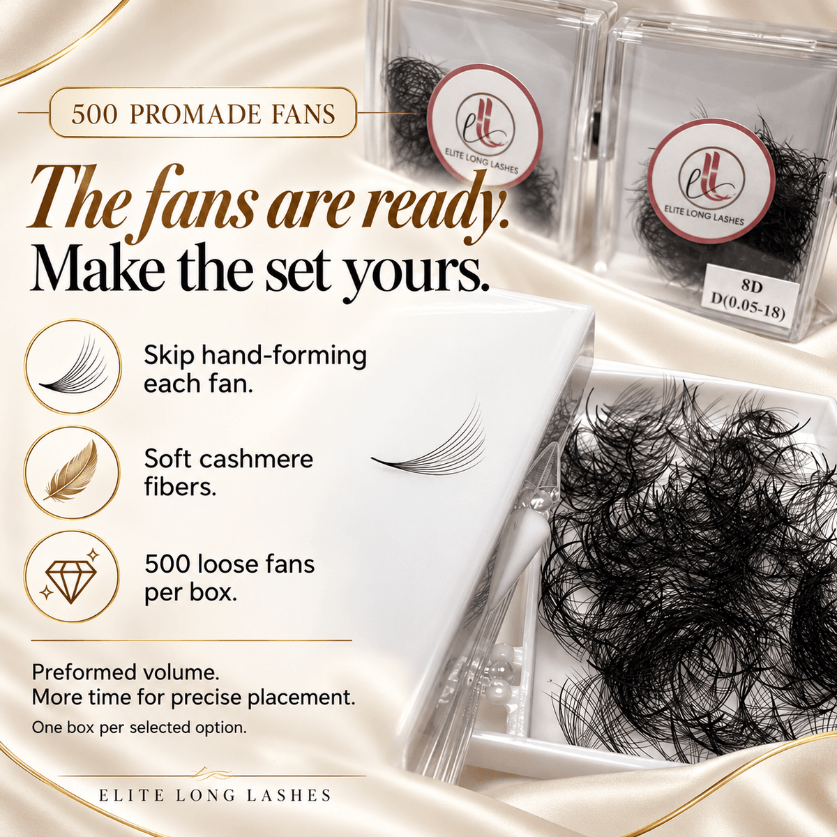 500 ProMade loose volume fans with soft cashmere fibers, preformed to save hand-fanning time for precise lash placement