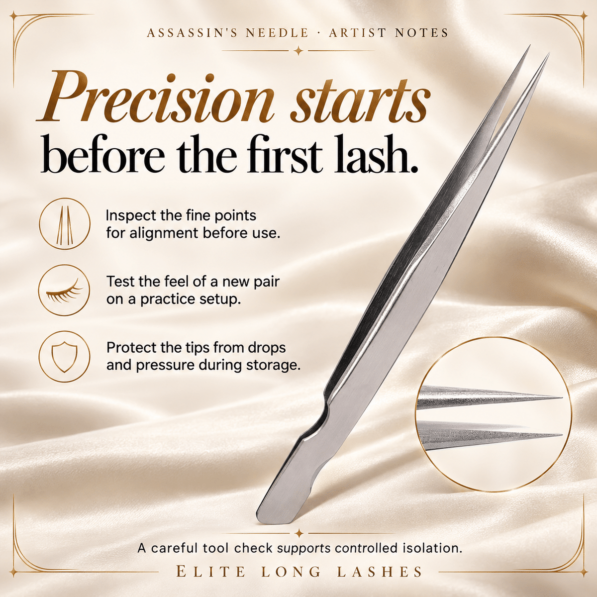 Assassin’s Needle Silver I-Shape Isolation Lash Tweezer artist tips for tip alignment, practice and protected storage.